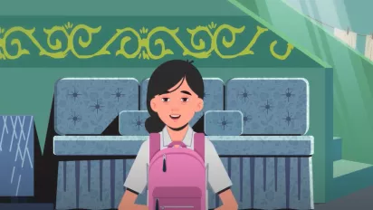 An animated image of a girl packs things in a pink backpack