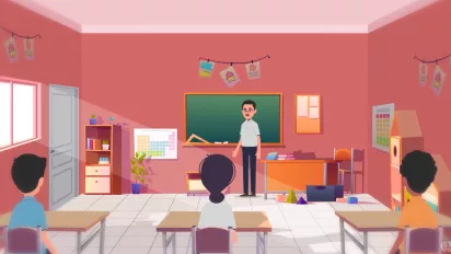 An animation image of children who listen to their teacher in a school classrom that is pink, there are drawings in the walls and a green board in the front 