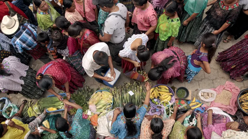 Aerial view of women selling food on a market